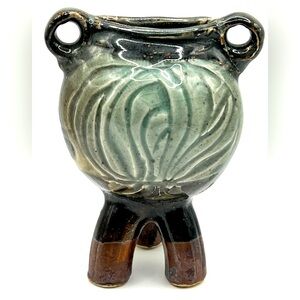 Handmade Ceramic Studio Art Pottery 3 Footed Small Brown Olive Flower Vase 5.5"